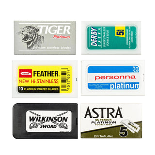 60pc Razor Blade Sampler: Astra, Derby, Feather, Personna, Wilkinson and Tiger Platinum Razor Blades Fendrihan 