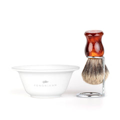 Fendrihan Porcelain Shaving Bowl and Classic Pure Grey Badger Shaving Brush with Metal Stand Set, Save $10 Shaving Set Fendrihan Grey Faux Amber 