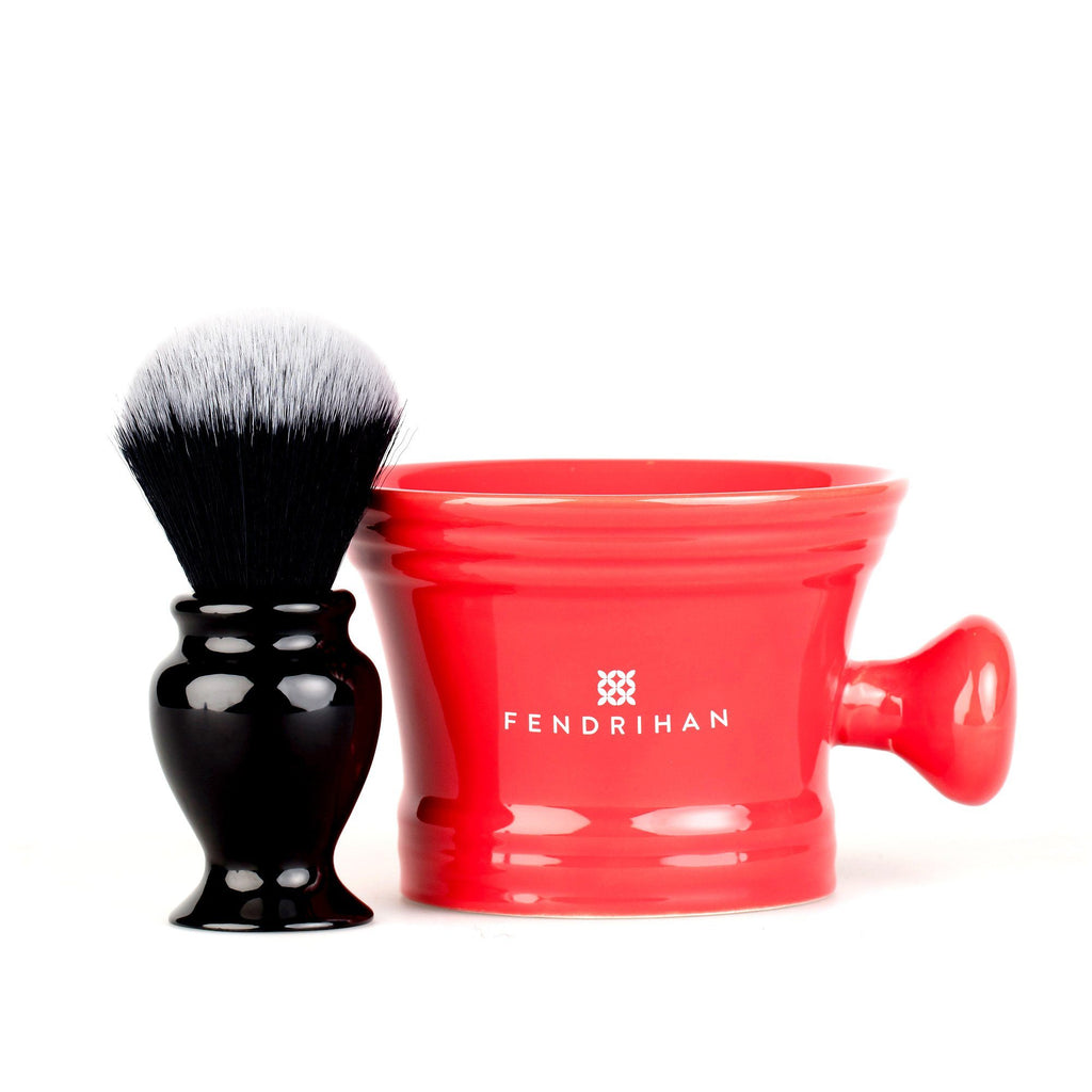 Fendrihan Synthetic Shaving Brush and Moderno Apothecary Shaving Mug, Save $10 Shaving Kit Fendrihan Rojo Black and White Bristles - Black Handle 