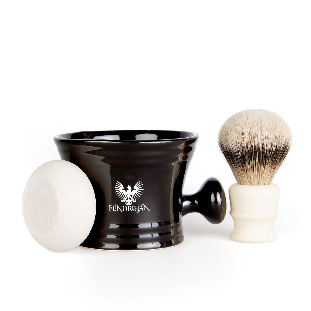 Fendrihan High Mountain White Badger Shaving Brush and Shaving Mug Set, Save $30 Shaving Kit Fendrihan Black 
