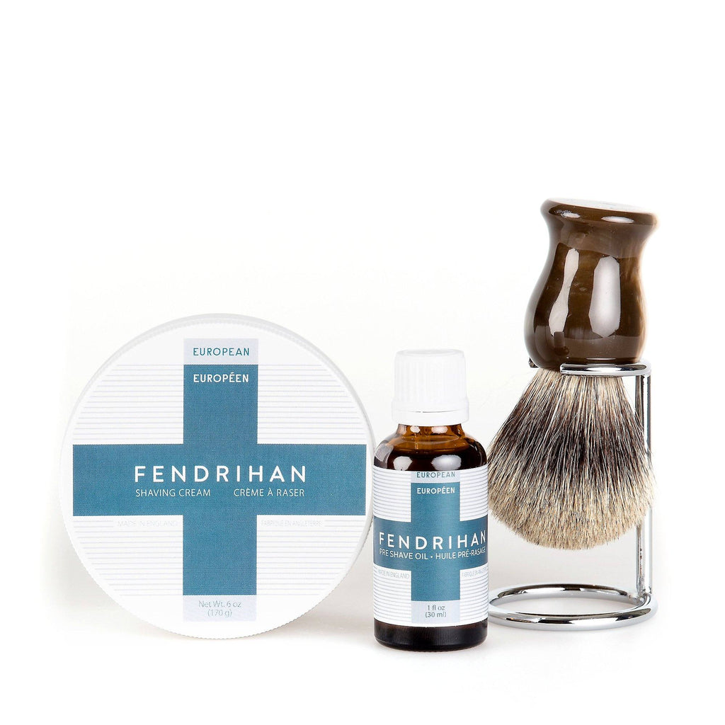 Fendrihan Pre-Shave Oil, Shaving Cream and Shaving Brush Set, Save $15 Shaving Kit Fendrihan Pure Grey Badger - Faux Horn Handle Euro Euro