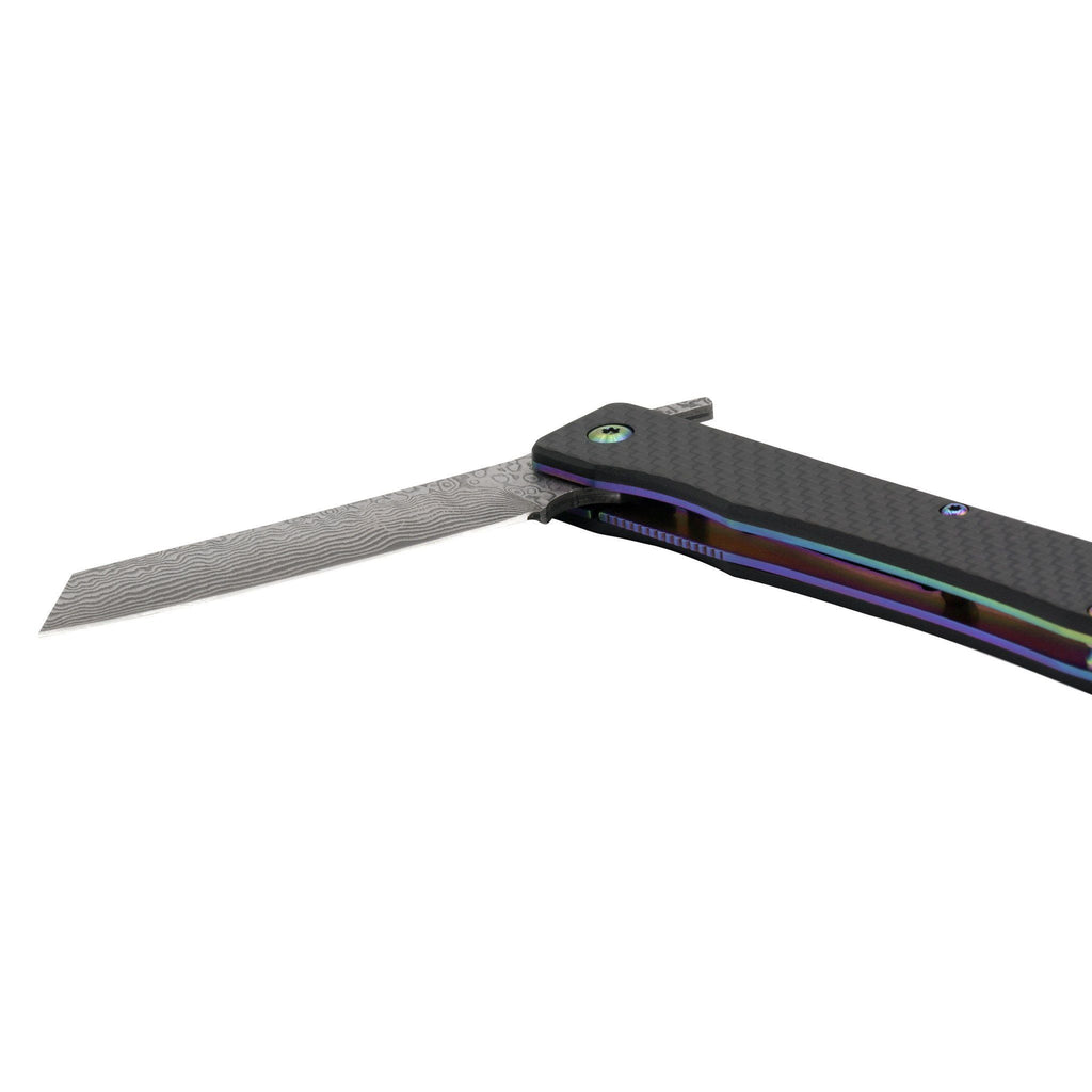 Hikari Higo Style Damascus Steel Folding Knife, Carbon Fiber Handle Pocket Knife Japanese Exclusives 