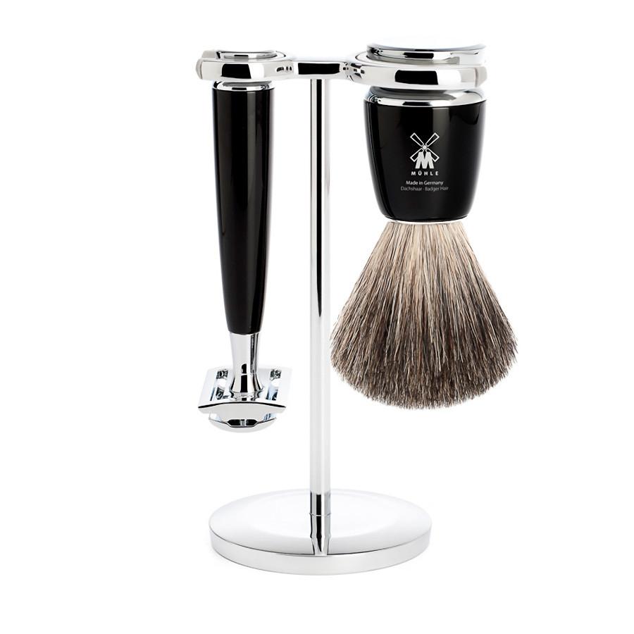Muhle Rytmo 3-Piece Shaving Set with Safety Razor and Pure Badger Brush, Black Shaving Kit Discontinued 