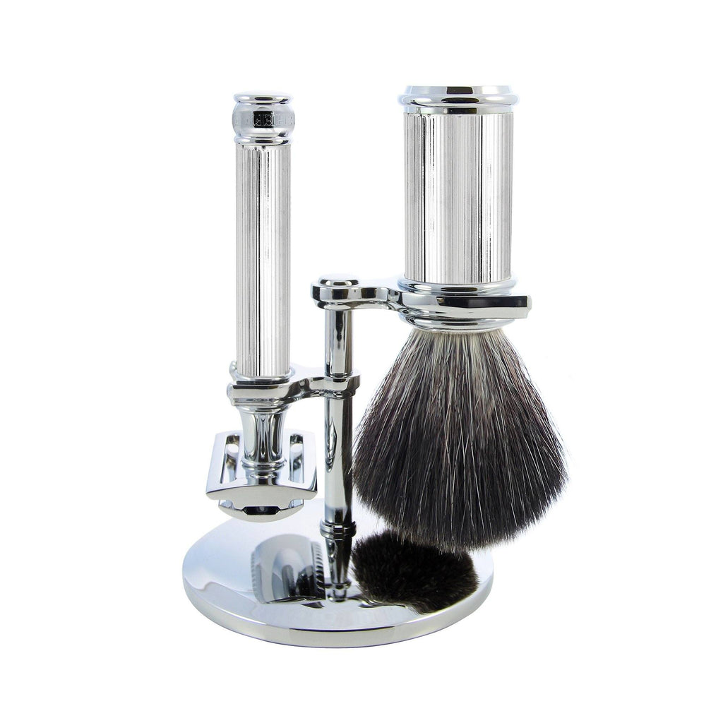 Edwin Jagger 3-Piece Set with Double Edge Safety Razor, Synthetic Brush and Stand Shaving Set Edwin Jagger Chrome 